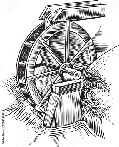 weathered wooden water wheel rotates slowly in a grassy stream.