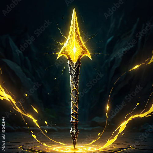 Radiant golden spear surrounded by mystical energy in a dark fantasy environment with glowing accents and ethereal light effects illuminating the scene.