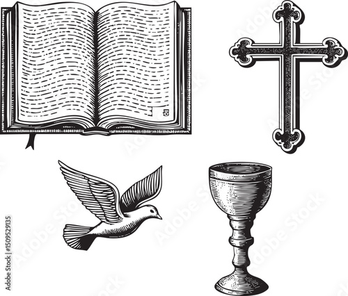 open book a cross and a chalice are displayed together.