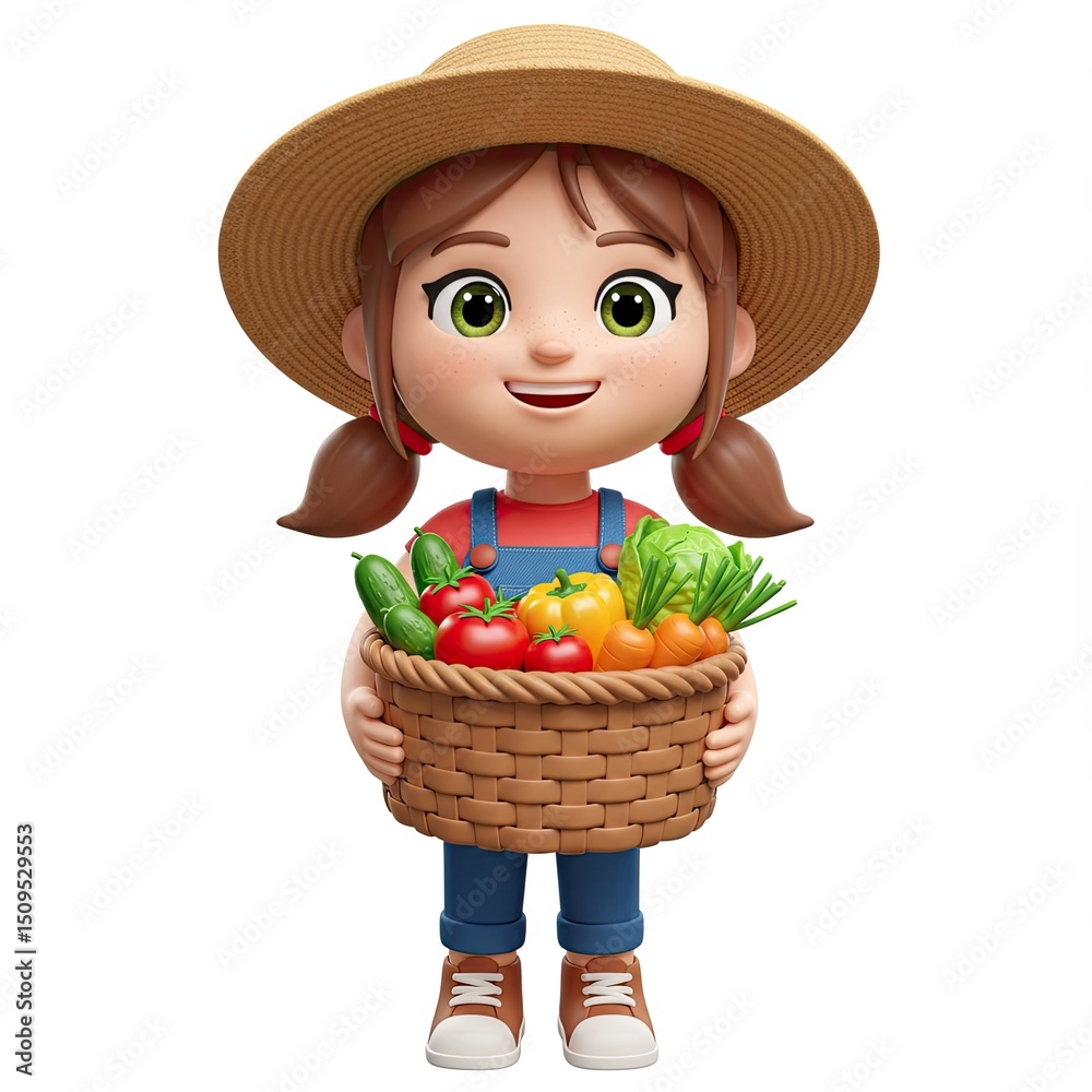 cheerful cartoon farmer girl with freckles smiles as she proudly carries basket overflowing freshly harvested vegetables from her garden.3d-style imitation. cheerful cartoon farmer girl with freckles smiles as she proudly carries basket overflowing freshly harvested vegetables from her garden.3d-style imitation.