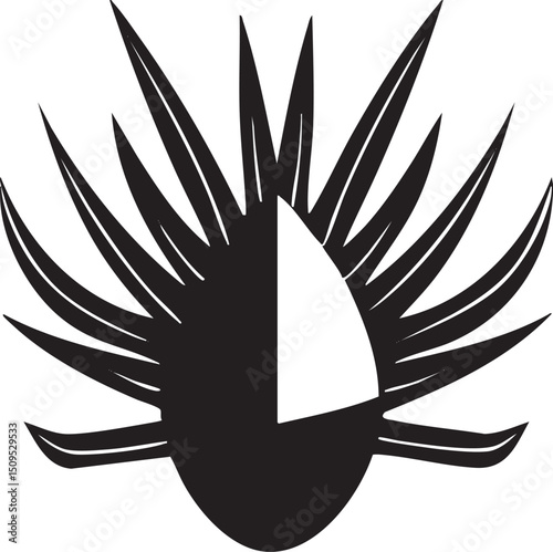 stylized silhouette of a palm frond extends upwards.