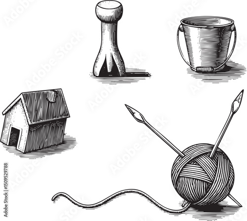 collection of handcrafted items rests on a white background.