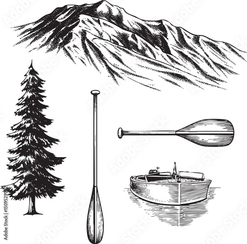 black and white depicts a canoe resting on water near a tall evergreen tree.