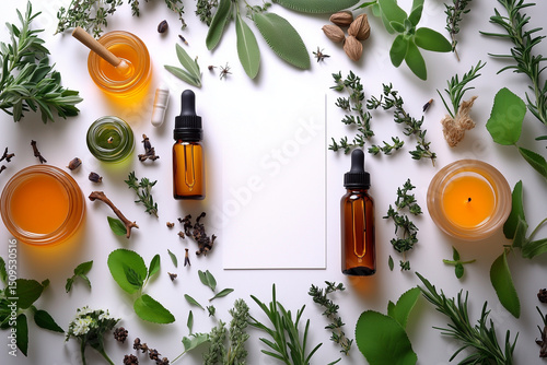 A botanical flat lay featuring amber dropper bottles, herbal leaves, candles, and essential oils on a white background. The balanced composition evokes a natural, holistic, and organic aesthetic.