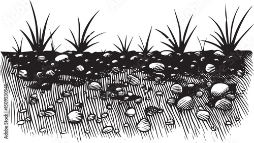 Dark grass blades rise from a textured soil surface with scattered pebbles.