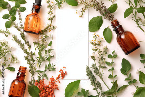 A minimalist herbal composition featuring amber glass bottles, fresh green leaves, delicate white flowers and vibrant berries surrounding a blank white card, evoking nature, wellness and aromatherapy.