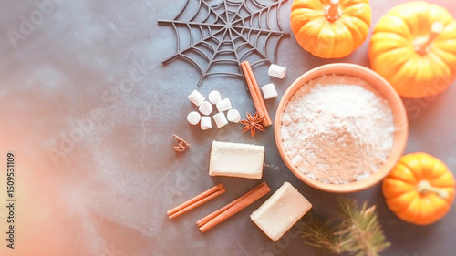A top-down view of baking ingredients and ingredients arranged on a dark slate surface photo