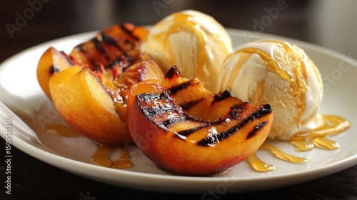 Grilled Peaches with Honey Drizzle and Vanilla Ice Cream photo