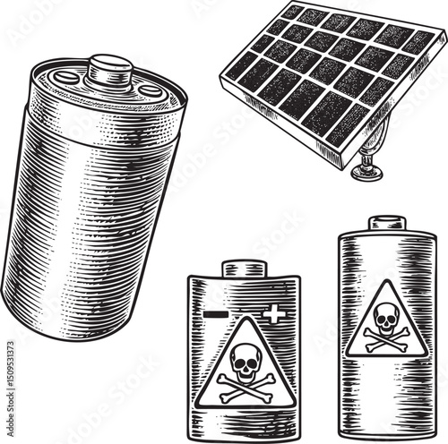 Three cylindrical batteries rest alongside a solar panel .