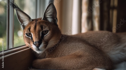 Serval cat by window