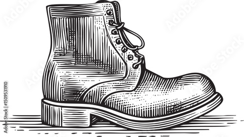 weathered black leather boot rests on a wooden surface.