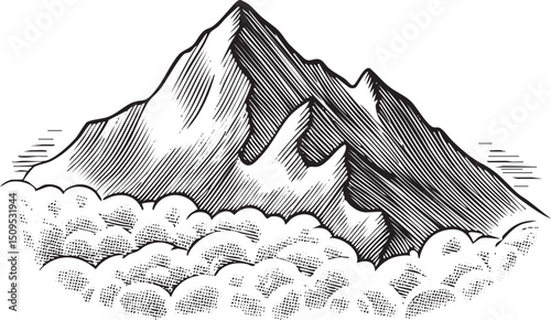 majestic dark-toned mountain rises above a fluffy expanse of clouds.