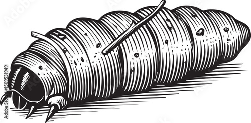 segmented caterpillar crawls across a textured surface.