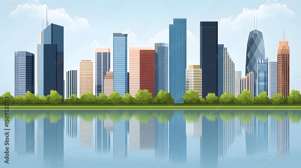 Fototapeta premium Modern City Skyline Reflection Lake Urban Landscape