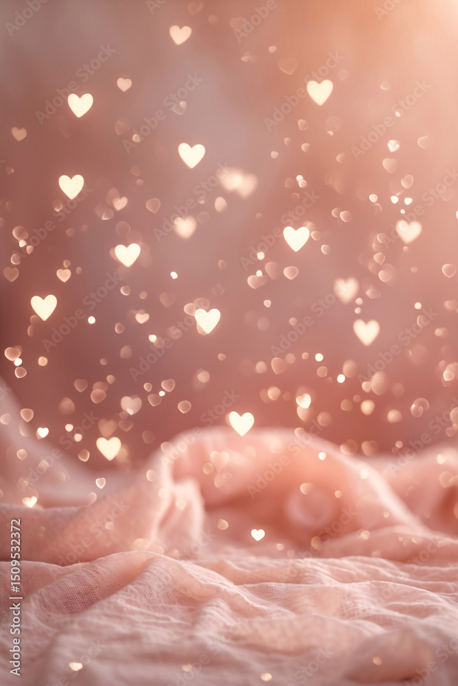 Fototapeta premium Heart bokeh soft pastel light dreamy background with peach warm tones romantic visual theme for valentine card wedding decoration or artwork aesthetic romantic wallpaper background photo