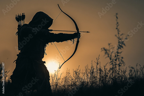 Silhouette of an archer aiming an arrow at an unseen enemy