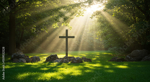 Serene cross in sunlit meadow Hope faith peacefulness nature spirituality religion christianity