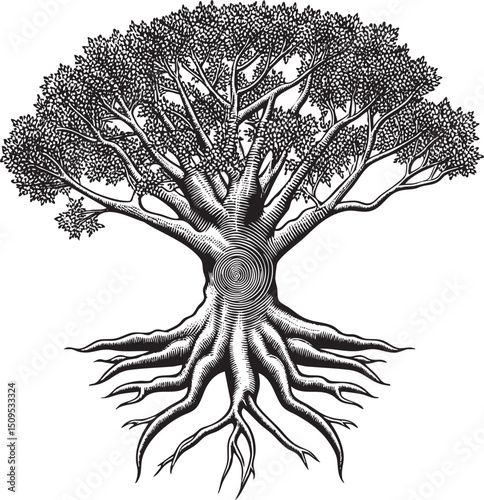 majestic ancient tree stands tall with intricate branches reaching towards the sky.