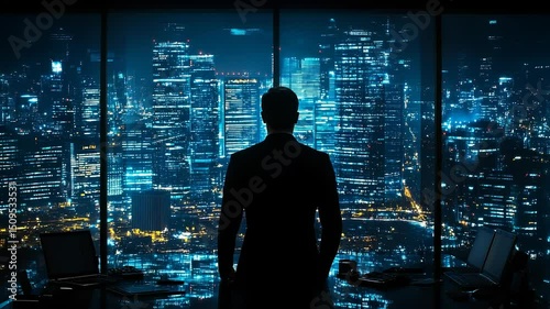 Wallpaper Mural Visionary leader contemplates the illuminated cityscape from a high-rise office, thinking strategy Torontodigital.ca