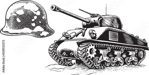 weathered helmet hovers above a powerful dark tank.