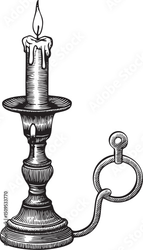single candle illuminates a decorative candlestick with a chain.