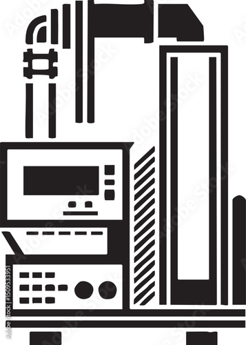stylized black and white computer tower stands vertically on a gray base.