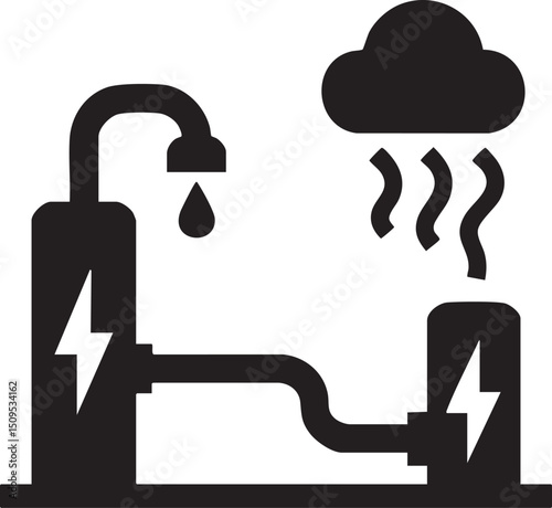 stylized faucet releases water droplets amidst a stormy backdrop.