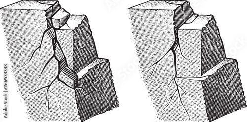 Two grayscale illustrations depict a fractured rock formation showcasing distinct splits and fissures.