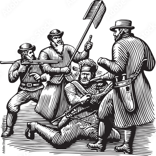 Three men engage in a tense standoff wielding weapons and tools.