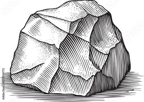 large textured gray boulder rests on a smooth surface.