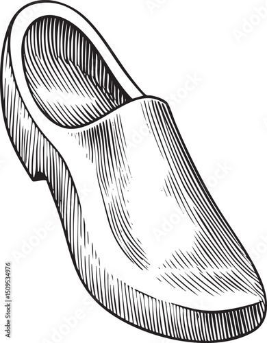 single wooden clog rests on a white surface.