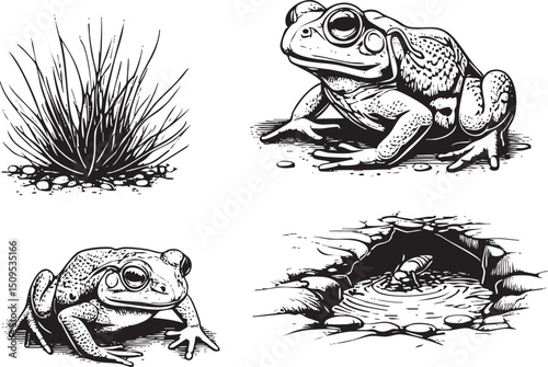 large frog sits on a grassy bank near a water source.