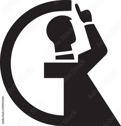 silhouetted figure gestures towards a glowing lightbulb.