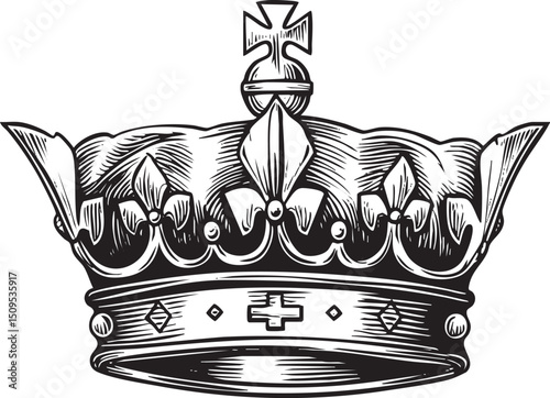 detailed black and white of a regal crown with intricate ornamentation.