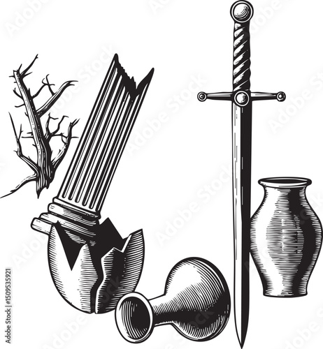 shattered column rests beside a sword and a decorative vase.