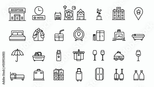 Hotel Amenities Icon Collection: Line Art Illustration for Travel and Hospitality Design.
