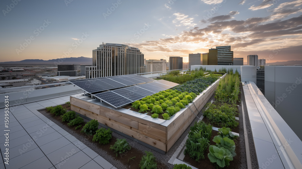 Fototapeta premium Modern green infrastructure with photovoltaic panels and urban farming on city rooftop