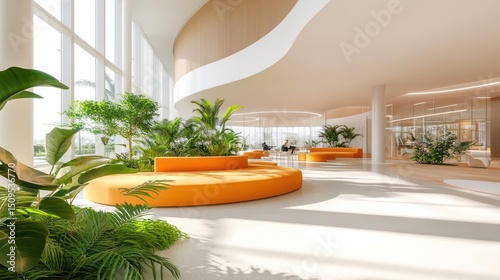 Modern, bright, tropical waiting area with orange seating and plants.  Interior design