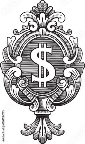 detailed ornate emblem featuring a dollar sign within an elaborate decorative frame.