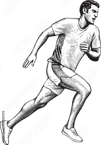 man sprints forward in athletic apparel.