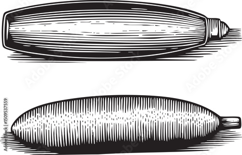 detailed monochrome of a sausage resting on a wooden surface.