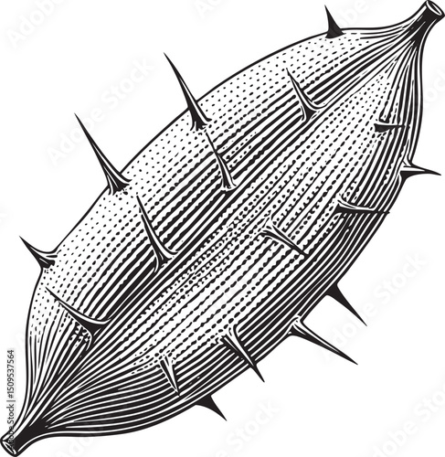 stylized depicts a long curved seed pod with numerous sharp spines.