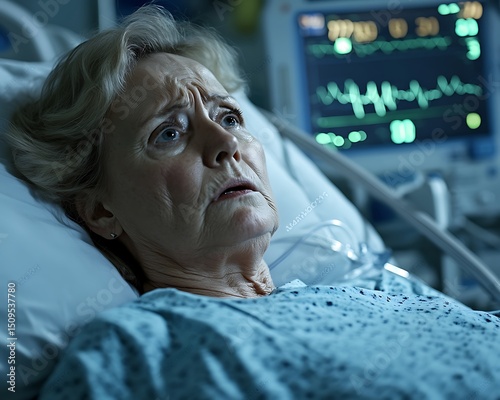 Elderly woman in distress in hospital bed