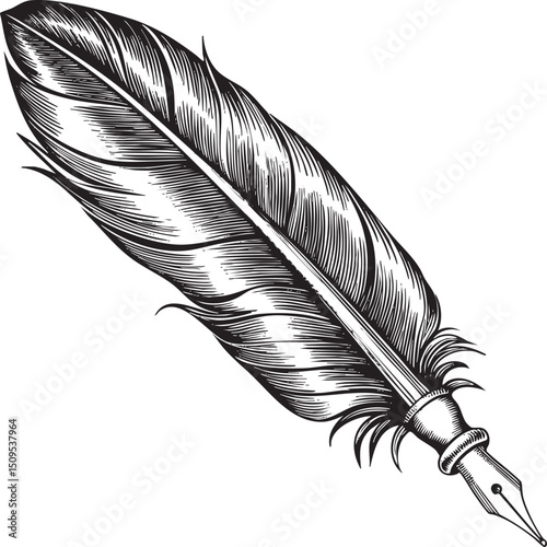 detailed black and white of a quill pen resting on a textured surface.