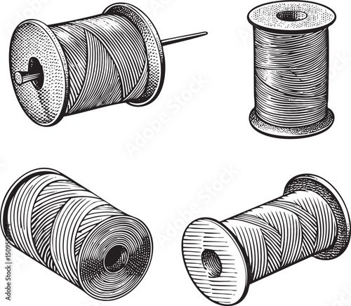 Four spools of thread are displayed on a wooden surface.