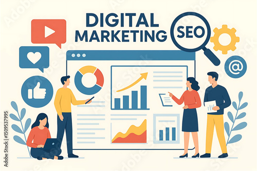 Flat Vector Illustration of Digital Marketing Strategy with SEO, Social Media Icons, Analytics Dashboard, and Team Collaboration