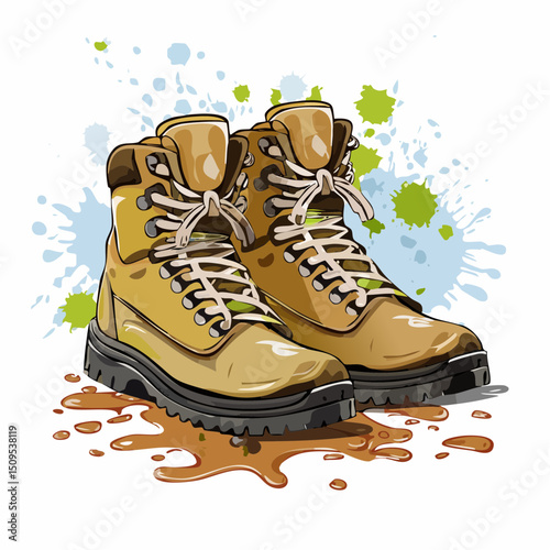 A pair of hiking boots with mud splatter

