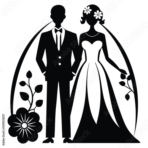 A bride and groom black and white silhouettes vector,