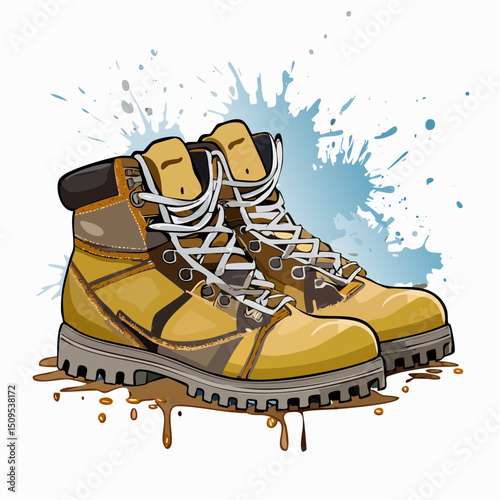 A pair of hiking boots with mud splatter
