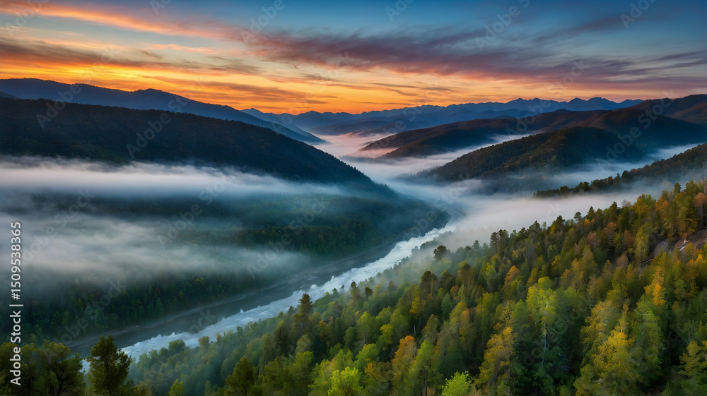 Obraz premium Misty Mountain Valley at Sunrise